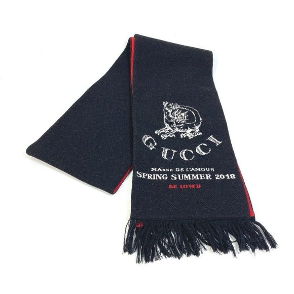 Authentic GUCCI BE LOVED Logo Scarf fringe Scarf wool Black/Red - Picture 1 of 12